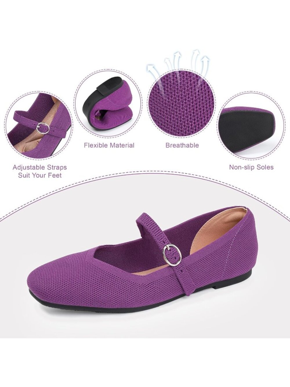 Women's Deep Purple Knit Flats Square Toe Casual Ballet Flat Ankle Strap Shoes - Picture 6 of 6